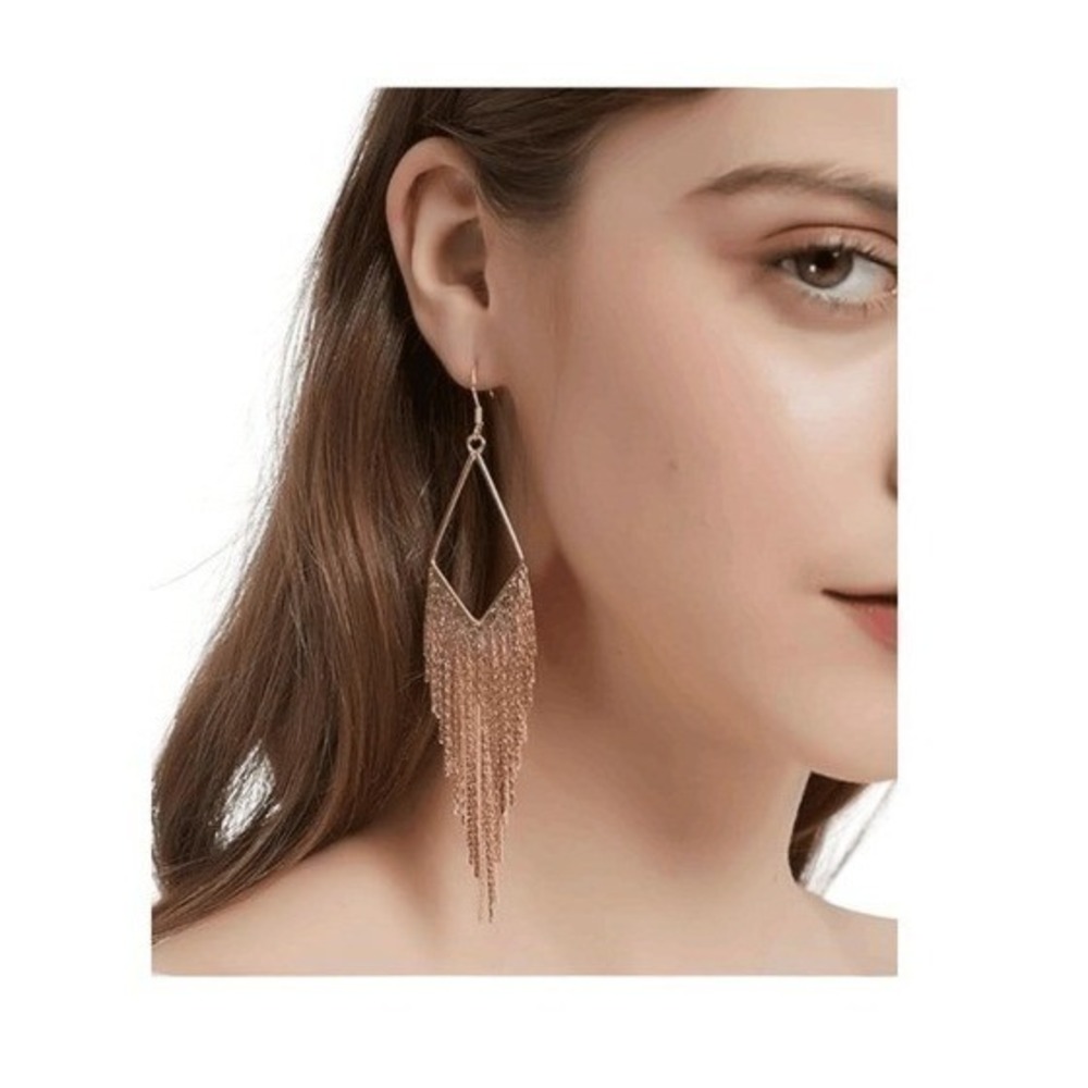 Dangling Gold Tone Metal Chain‎ Tassel Dangle Earrings Statement Bohemian